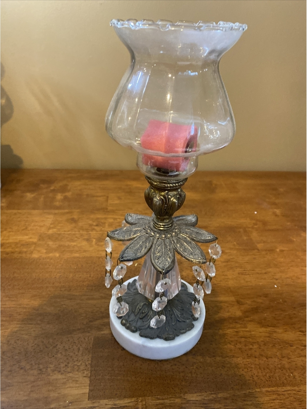 Vintage Brass Crystal CANDLE STICK HOLDER Marble Base 7” Tall Regency Hollywood